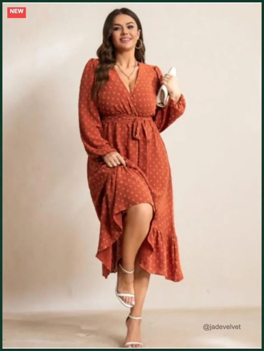 Plus Size Wrap V-Neck Long Sleeve Maxi Dress Swiss Dot with Pockets